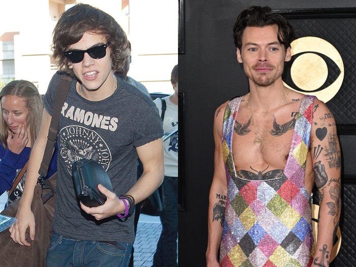A split image featuring two styles of a male artist. On the left, he wears sunglasses and a vintage graphic t-shirt while holding a camera bag, surrounded by fans. On the right, he is dressed in a colorful, sequined outfit with tattoos visible, posing confidently at an event.